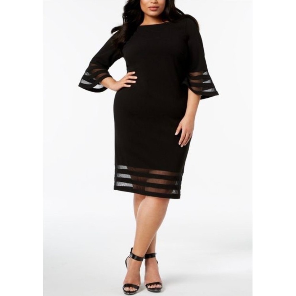 Calvin Klein Sheath Dress Illusion Trim Bell Sleeves Women's Size 16W Black Chic
